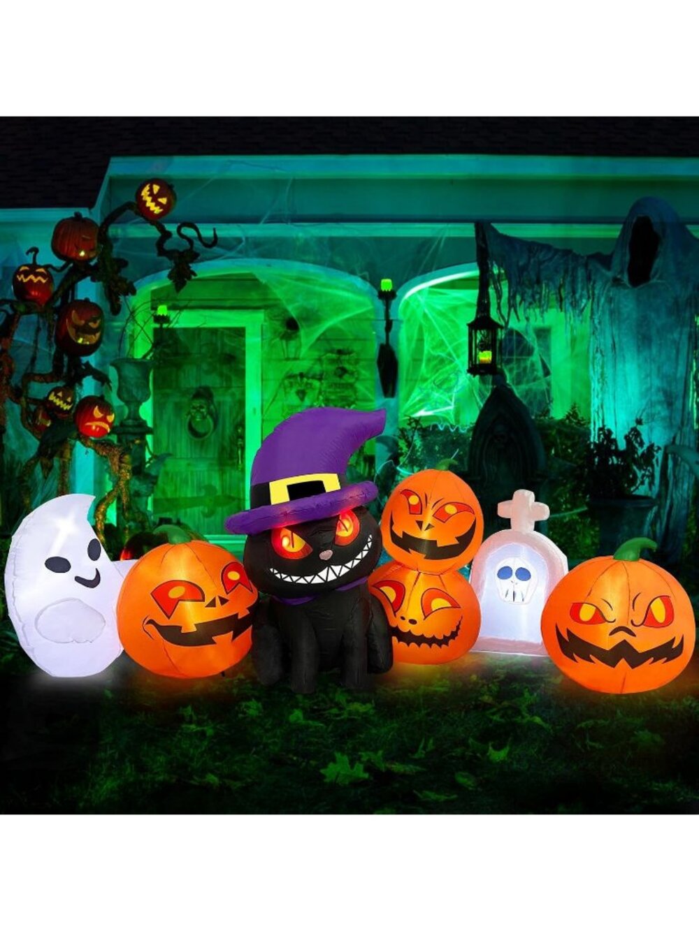🎃8FT Long Halloween Inflatables Spooky Pumpkin and Cat Outdoor Decorations